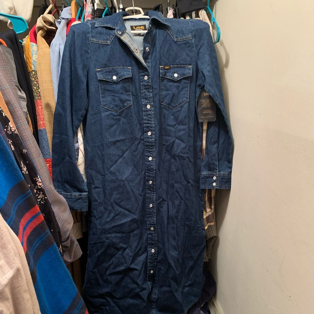 Lee Vintage Modern Western Snap Midi Denim Shirt Dress V119 sz xs